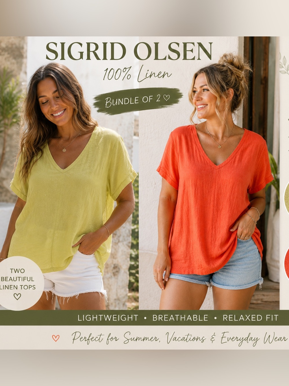 🌿 Sigrid Olsen | 2XL | 100% Linen | 2 V-Neck Tops Bundle | 🧡 Orange & Lime 💚